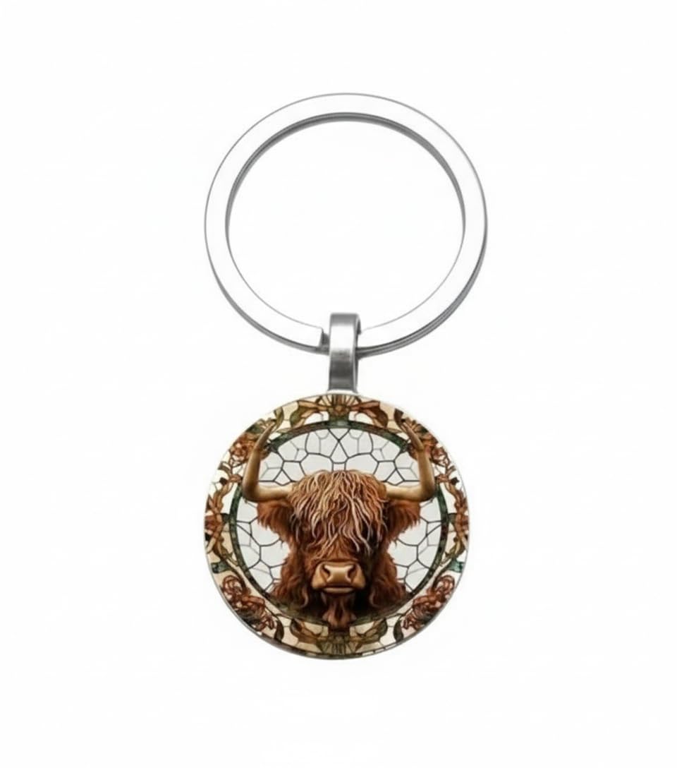 4Trails Unisex Sliver Highland Brown Cow Glass Dome Keyring, Lucky Scottish Charm Keychain With Floral Design