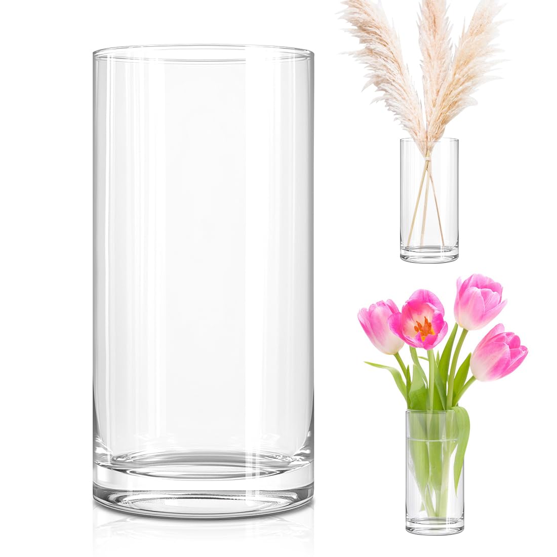 LOMUG Jarrón de cristal cilíndrico, 20 cm de alto, grande, transparente, redondo, estrecho, jarrón de flores transparente, cilíndrico, jarrón de cristal para decoración moderna del hogar, centros de