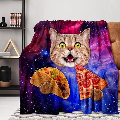 Cute Galaxy Cat Blanket Cartoon Throw Blanket, Kids Plush Fleece Blanket Super Cozy Soft Flannel Blanket Decorative Fuzzy Throws for Sofa Bed Living Room (50×60in, Galaxy Cat)
