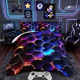 HOSIMA 3D Honeycomb Boys Comforter Set Twin Size,Geometric Hexagon Pattern Bedding Set for Kids Teens Boys Room Decor,Purple Blue Neon Lights Twin Size Comforter Sets for Boys with 2 Pillowcases.