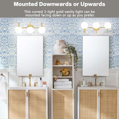 Image of Gold Light Fixtures, 3-Light Over Mirror, Mid Century Modern Bathroom Vanity Lights Wall Sconces With Globe Frosted Milk Glass