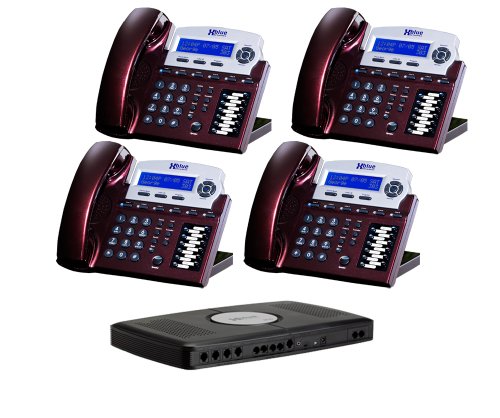 X16 Small Office Phone System with 4 Red Mahogany X16 Telephones - Auto Attendant, Voicemail, Caller ID, Paging & Intercom