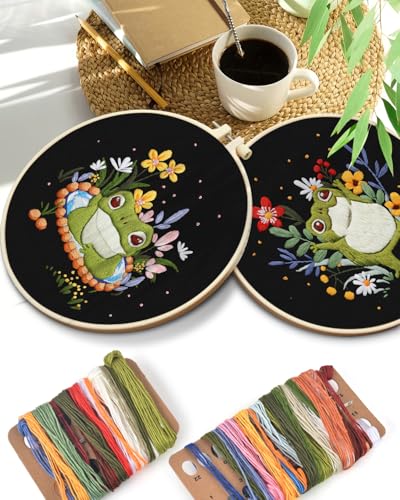 Image of TINDTOP 2 Pack Embroidery Kit for Adult, Embroidery DIY Starter Kit, with Stamped Patterns, Hoop, Tools, Colorful Threads with Needles, Instructions (Frog) | with Stamped Patterns, Hoop, Tools, Colorful Threads with Needles, Instructions (Frog)