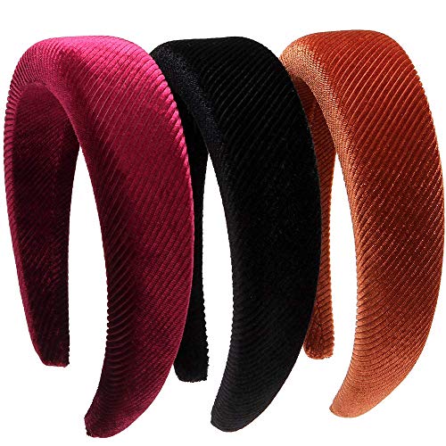 LONEEDY 3 PCS Hard Headbands, 1.6Inch Velvet Sponge Thick Hairbands DIY Hair Accessories for Women (Black+Red+Brown)