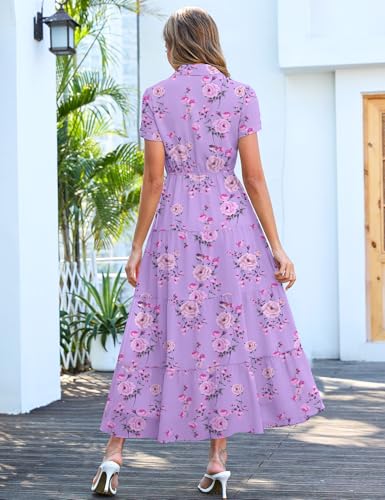 Image of Kranda Women 2026 Summer Collared V Neck Short Sleeve Button Down Chiffon Long Tiered Floral Maxi Dress with Pockets