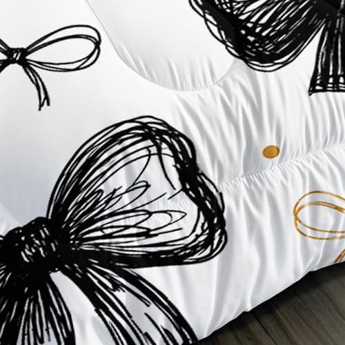 Image of AILONEN Black Gold Bow Comforter Queen 3 Piece Aesthetic Hand Drawn Bedding Premium Microfiber Quilted Duvet Alternative Master Bedroom Decor Stylish Quilt 2 Cases
