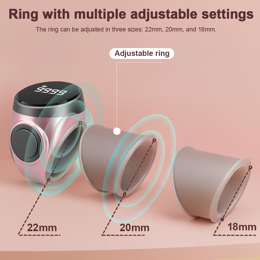 Anneau Numérique Musulman écran OLED, légère Smart Tasbih Zikr Ring Réveil, Tasbih Prière Compteur Numérique Adjustable 18-22mm, Electronic Rosary, Eid al-Fitr Eid al-Adha Ramadan Gift, Rose
