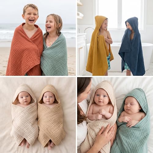 Image of Peryiter 6 Pcs Muslin Hooded Baby Towels, 32 inchx 32 inch Cotton Newborn Bath Towel Muslin Infant Baby Blankets Absorbent Unisex Newborn Registry Gift Essentials for Girls Boys (Orange)