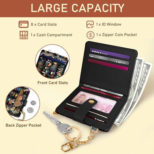 Image of Jogjam Bookshelf and Skull Goth Gothic Skeleton Rfid Women Wallet, Small Slim Thin Compact Travel Credit Card Wallet, PU Leather Bifold Cash Wallet, Zipper Coin Pocket ID Window, Female Ladies Gifts