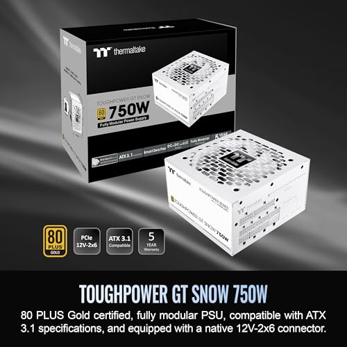 Image of Thermaltake Toughpower GT 750W Snow ATX 3.1 Power Supply; 80 Plus Gold Efficiency; Smart Zero Fan; Native 600W PCIe 5.1 Connector; PS-TPT-0750FNFAGU-W; 5 Year Warranty