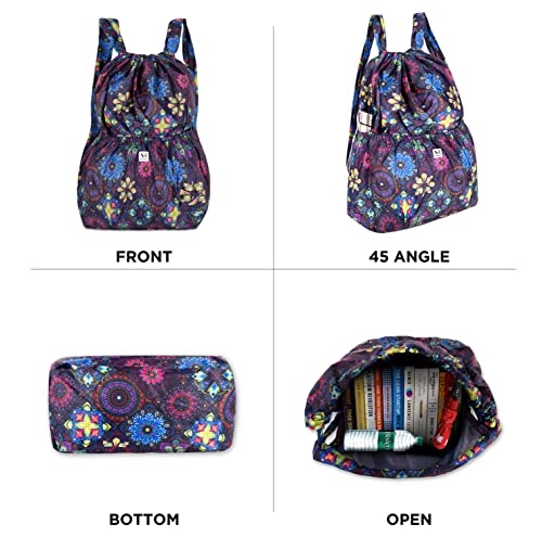 Image of NFI essentials Floral Print Drawstring Backpack for Women Foldable Sport String Bag Sackpack Nylon for Gym, College, Yoga, Shopping