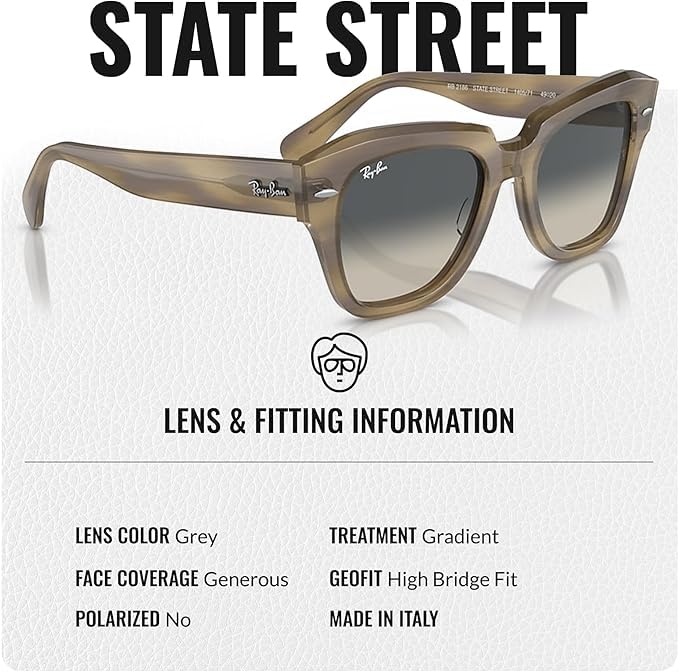 Image of Ray-Ban RB2186 STATE STREET Square Shaped Sunglasses for Women with Official RAYBAN Eyewear Kit