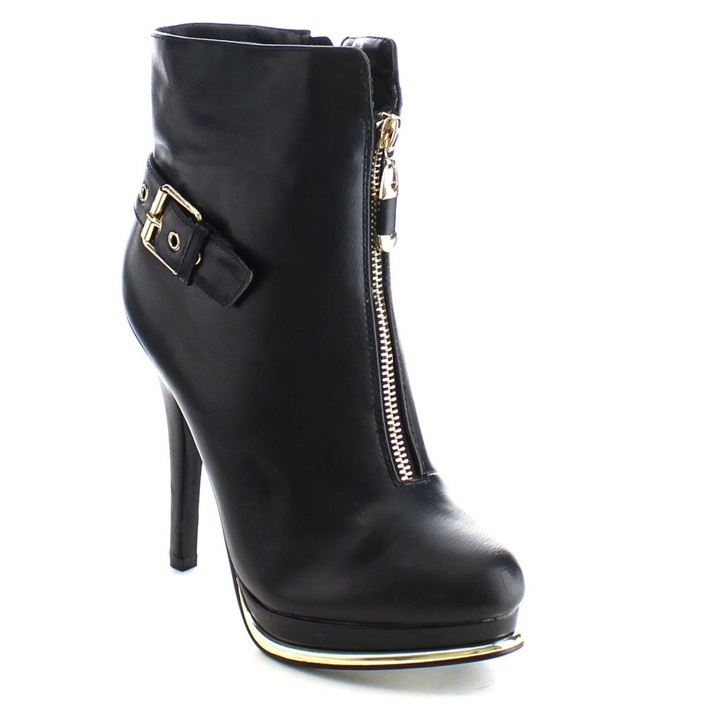 GDH-04 Women's Platform Buckle Strap Zip Stiletto Ankle Booties, Color:BLACK, Size:7