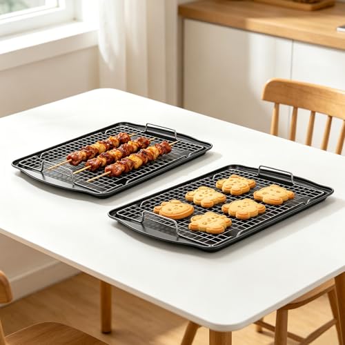Image of 17.3 inch Large Baking Sheet with Rack & Glove, Carbon Steel Cookie Sheets for Baking, Nonstick Heavy Duty, Dishwasher Safe, Easy Clean, Dark Gray