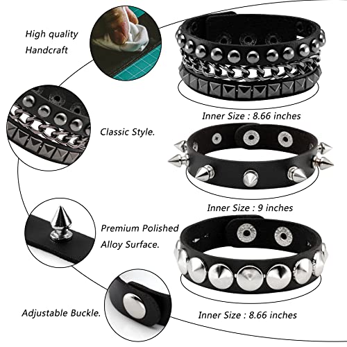 Eigso 3 Pcs Leather Punk Bracelets for Men Women of Rock Rivet Wrap Retro Spike Bracelet Adjustable3