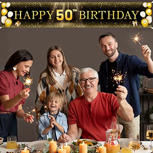 Image of TZSS Black & Gold 50th Birthday Banner Decorations - Extra Large 118 inchx20 inch Reusable Yard Sign for Women & Men, Over The Hill Party Decor Indoor Outdoor, 50 and Fabulous Happy 50th
