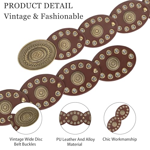 Wide Disc Belt for Women - PU Leather Hollow Out Round Belts Vintage Western Cowboy Cowgirl Waist Belt2