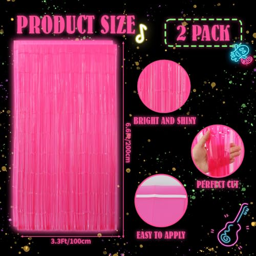 Image of TONIFUL 2Pcs Fluorescent Pink Metallic Tinsel Foil Fringe Curtain Streamer | 3.3ftx6.6ft Neon Pink Backdrop Door Streamer for Black Light Bachelorette Baby Shower Girls Birthday Glow Party Decorations
