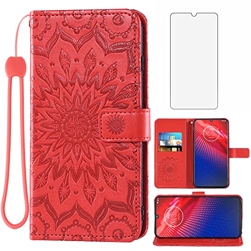 Phone Case for Motorola Moto Z4 Play/Moto Z4 Wallet Cases with Tempered Glass Screen Protector Leather Magnetic Flip Cover Card Holder Stand Cell Accessories Motoz4 Z 4 Motoz4cases Women Men Red
