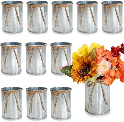 Scawim High Farmhouse Vase Decor, 4.55 X 4 Inch Rustic Flower Vase with Twine Bow Bulk 12PCS Tin Metal Buckets for Artificial Flowers Table Centerpiece Wedding Engagement Home(Iron)