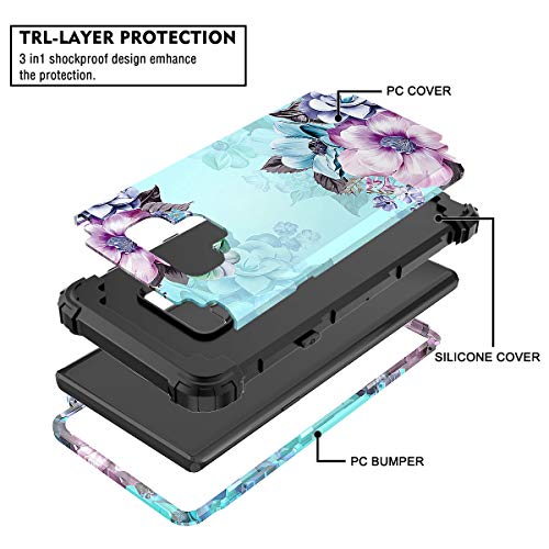 Casetego Compatible Galaxy Note 9 Case,Floral Three Layer Heavy Duty Hybrid Sturdy Armor Shockproof Full Body Protective Cover Case for Samsung Galaxy Note 9-Blue Flower