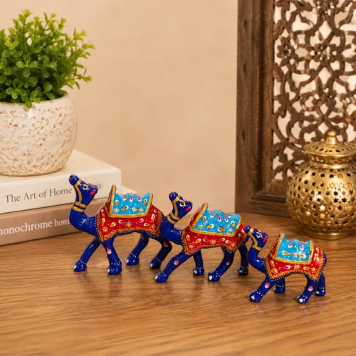 Image of eCraftIndia Handcrafted Multicolor Camel Showpiece Set of 3 for Home Decor | Traditional Rajasthani Miniature Camel Figurines | Decorative Table Accent, Office Desk & Gifting Item