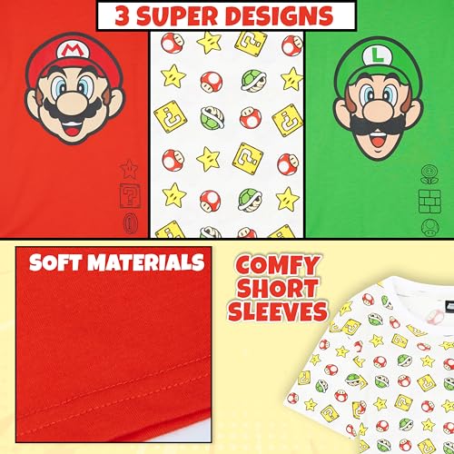 Image of Super Mario T-Shirt for Boys, 3-Pack Short Sleeve Graphic Tees, Crew Neck Summer Tops, Mario Luigi Gifts for Boys 5-14
