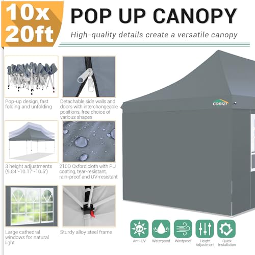 Image of COBIZI 10x20 Pop Up Canopy with 4 Sidewalls, Conical Party Tent 10x20 with 3 Adjustable Height Waterproof, UV-Resistant EZ Outdoor Gazebo with Carry Bag, Sandbag, Stake, Rope for Parties, Commercial