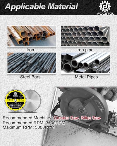 Image of FOCSTOL 7-1 /4 Inch Metal Cutting Saw Blade, 48T TCT Carbide Tip for Steel, Stainless Steel, Ferrous Metals, 5 /8 Inch Arbor