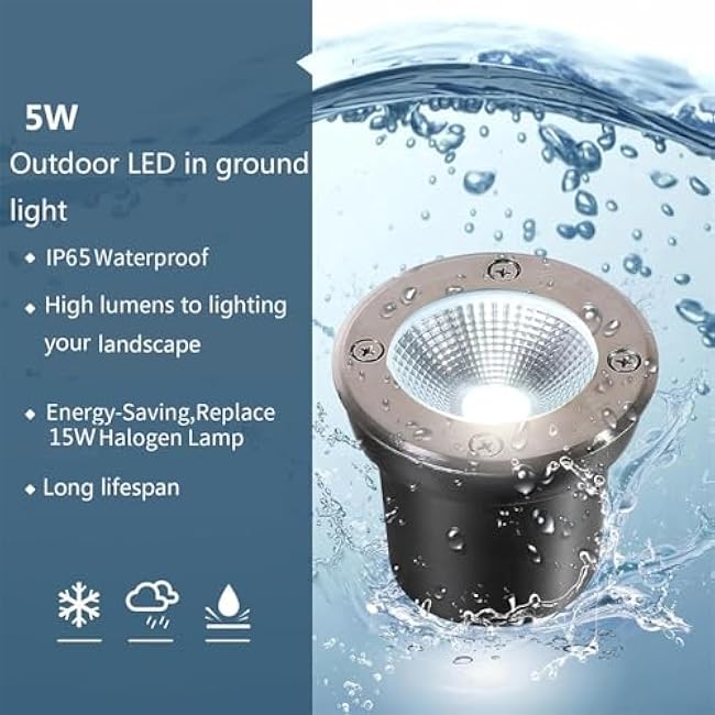 5W Outdoor Ground Lights,High Voltage 110V 120V,White 6500K,Wired Landscape Lighting,Waterproof LED Well Light for Yard,Path,Driveway,Garden,Deck,Pack of 4