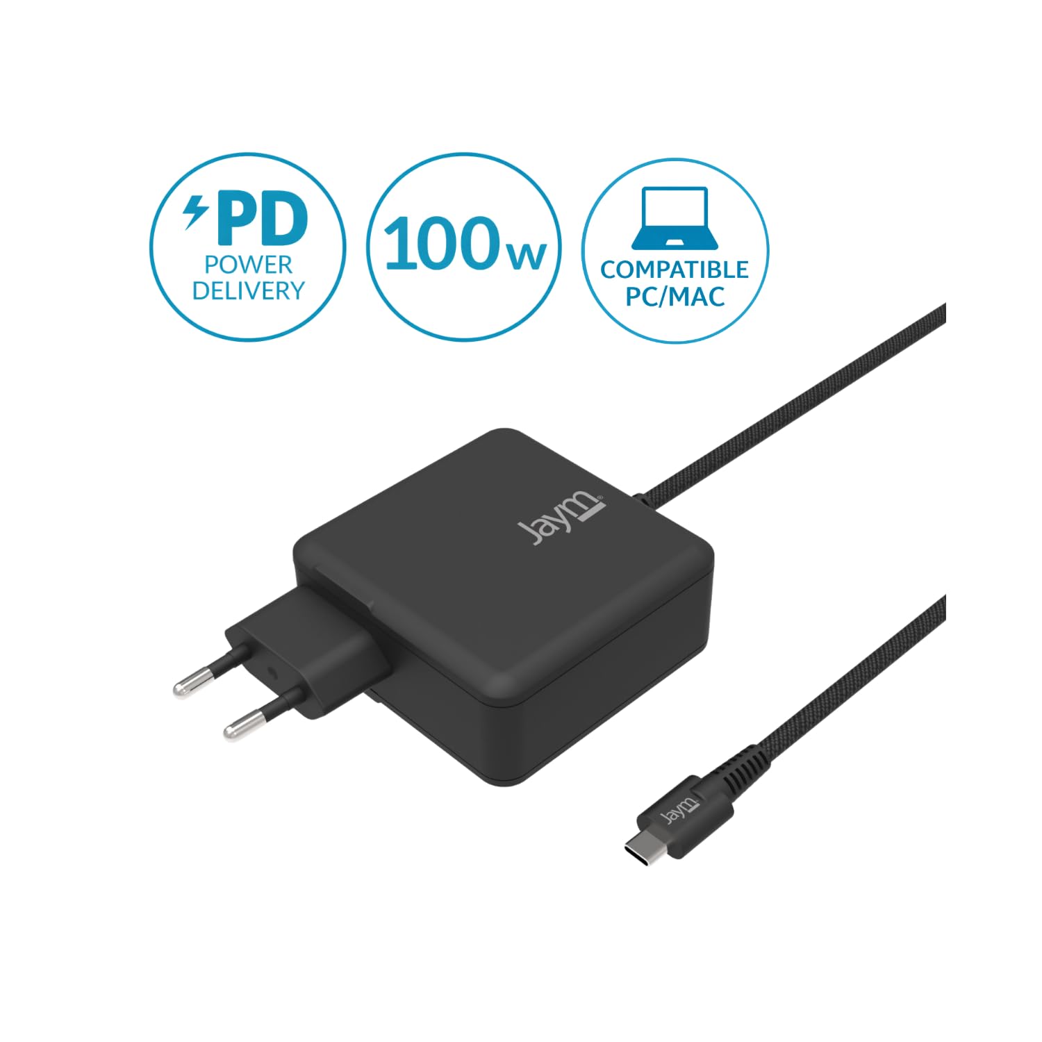 GaN - Cargador de red (100 W, ultrarrápido), USB-C PD & PPS, cable trenzado integrado de 2 m, compatible con MacBook Pro/Air, iPad Pro, iPhone 17/16 serie, Samsung Galaxy S26/S25 serie, PC Dell /HP