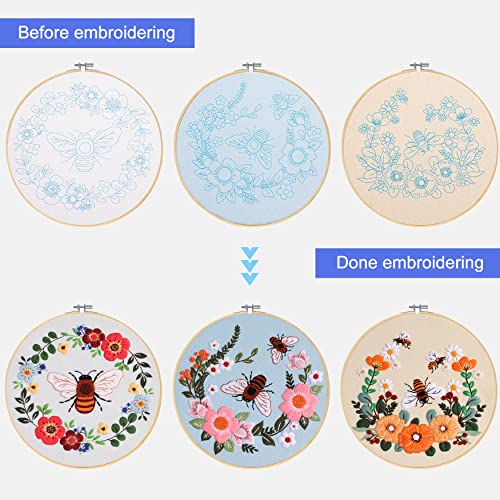 Image of Santune 3 Pack Bee Embroidery Kit for Beginners Adult Cross Stitch Kits Hand Embroidery with Animal Patterns and Instructions,DIY Sets for Women with Hoop,Threads and Needles