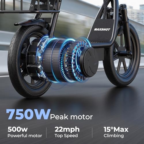 MAXSHOT Electric Scooter Adults, Foldable Electric Scooter with Seat & Basket, 750W Peak Motor, 48V 10.4Ah Battery, 14' Tires, Vicont APP Control, Dual Suspension, Electronic Lock