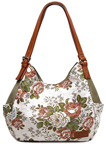 Image of Worldlyda Women Canvas Hobo Purse Multi Pocket Tote Shopper Shoulder Bag Casual Top Handle handbag with Embroidery Ethnic