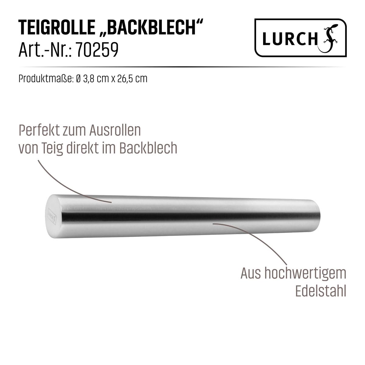 LURCH Wałek do ciasta "blacha do pieczenia" stal szlachetna 18/10 26 cm