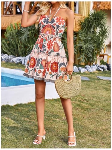 Image of Floerns Women's Floral Sleeveless Halter Dress Milkmaid Flare Hem Boho Mini Dress