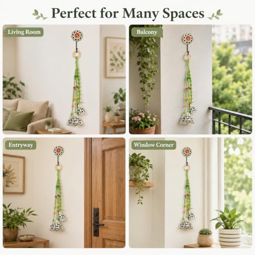 Image of KAAMERI BAZAAR Macrame Wind Chimes Enhance Living Space for Diwali (4 Bells, 1 Ring Tied with Green Macrame Thread)