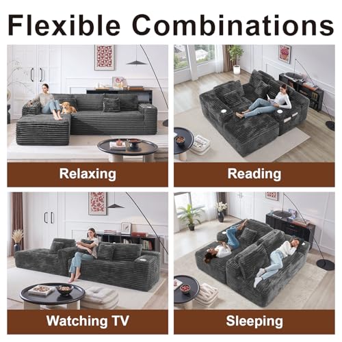 Image of 106 inch Cloud Sectional Couch with L Shape Chaise, Modern Frameless Modular Sofa with Cup Holders, Higher 17.7 inch Seat Height, 32D Pure Foam, No Assembly for Apartment (Dark Gray, Right Facing Chaise)
