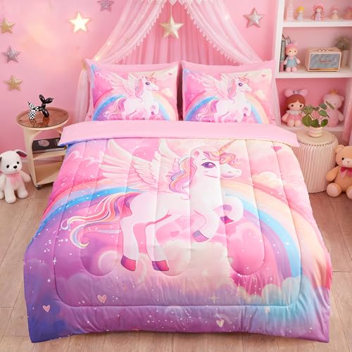 Image of Unicorn Bedding Full Size for Girls 7 Piece,3D Colorful Pink Purple Unicorn Comforter Set for Girls, Ultra Soft and Fluffy, Rainbow Bed Set with Comforter Sheets Pillowcase & Sham