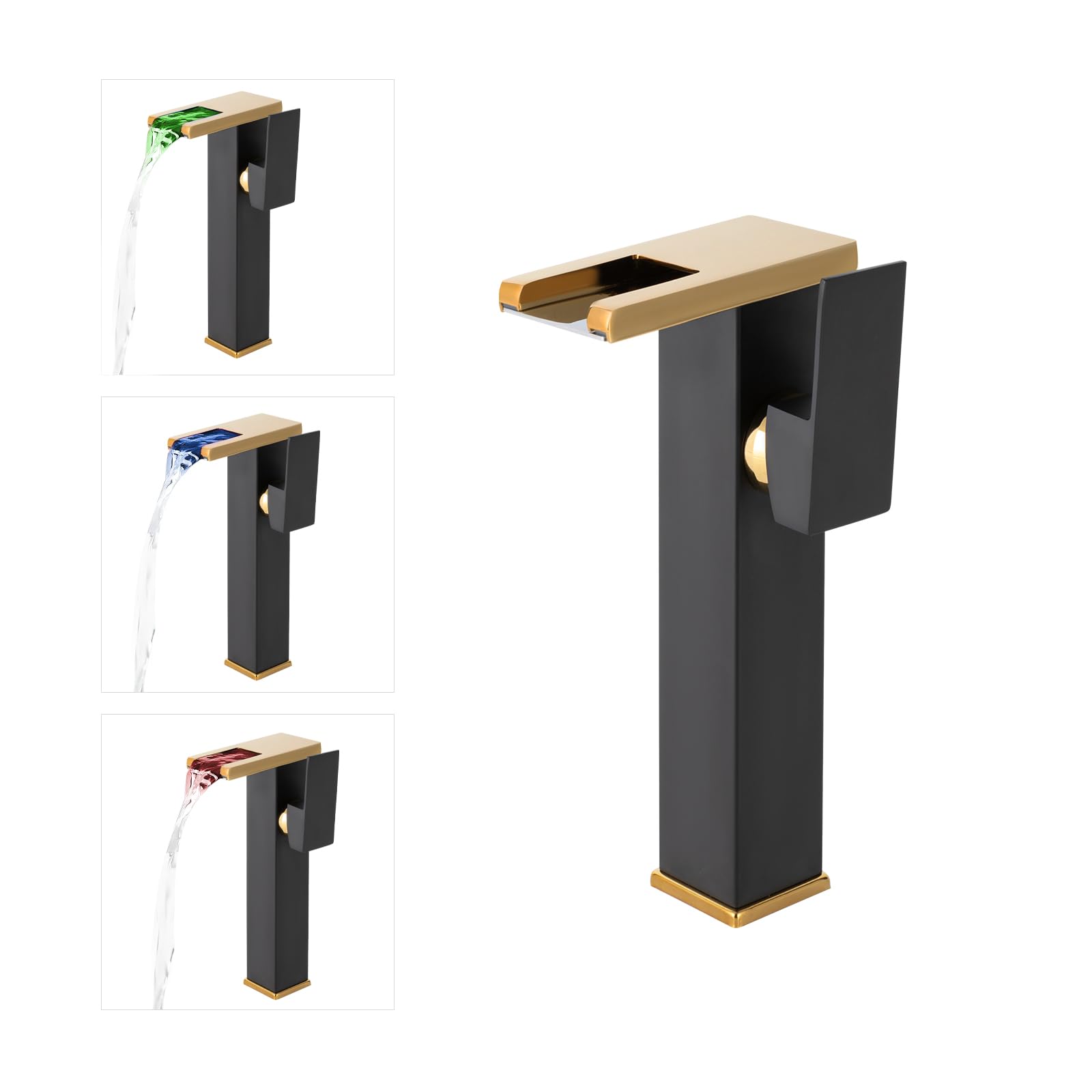 Robinet cascade LED - En acier inoxydable - Avec 2 tubes - Pour mitigeur de salle de bain - Noir et doré