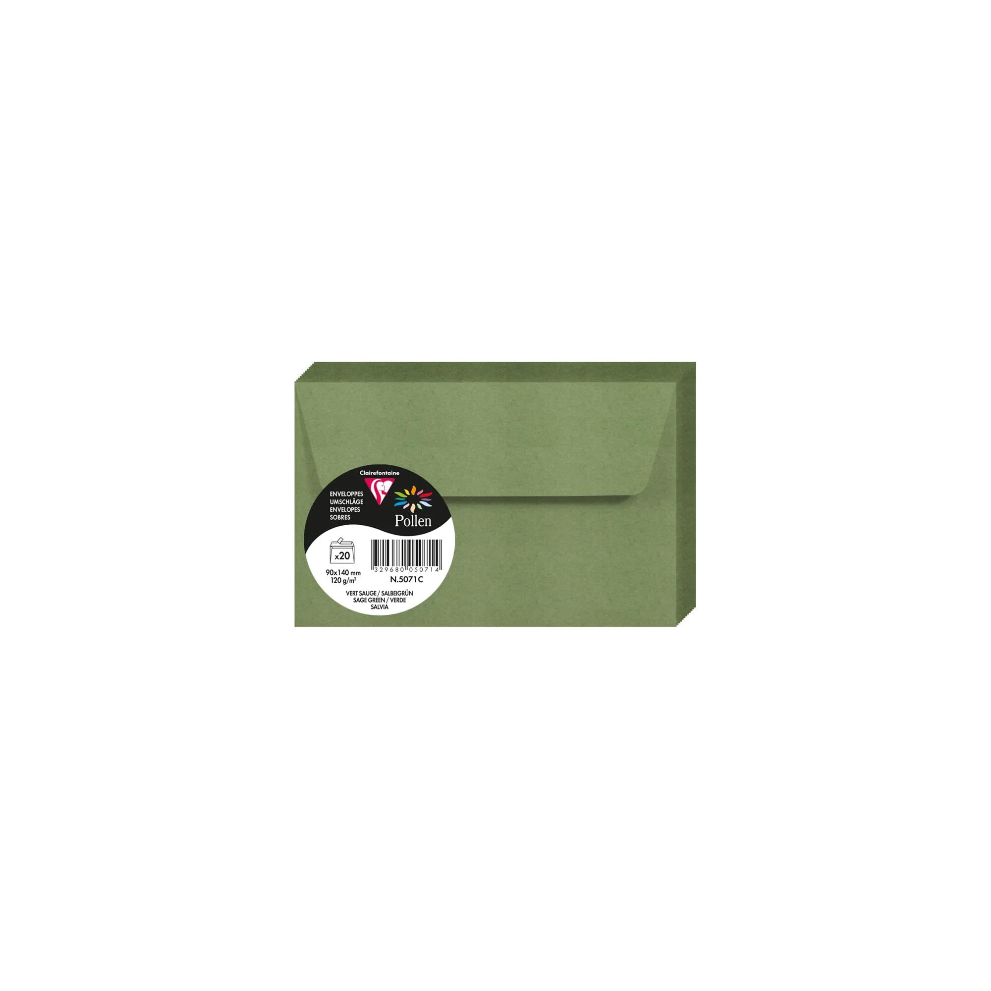 Clairefontaine 5071C A Pack of 20 Self-Adhesive Envelopes Format 9x14cm 120gsm Colour Sage Green Invitation Events & Correspondence Set Pollen Premium Paper