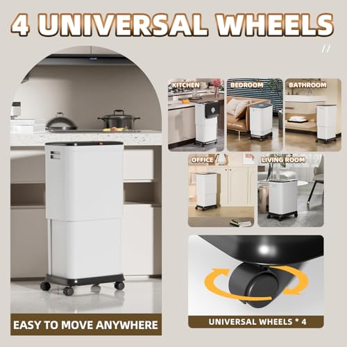 Image of Kitchen Trash Can with Lids and Wheels, 20l-45l Rolling Garbage Can with Adjustable Capacity /Height, Plastic Tall and Large Trash Bin, White Indoor TrashCan on Wheels, Movable Trash-Can