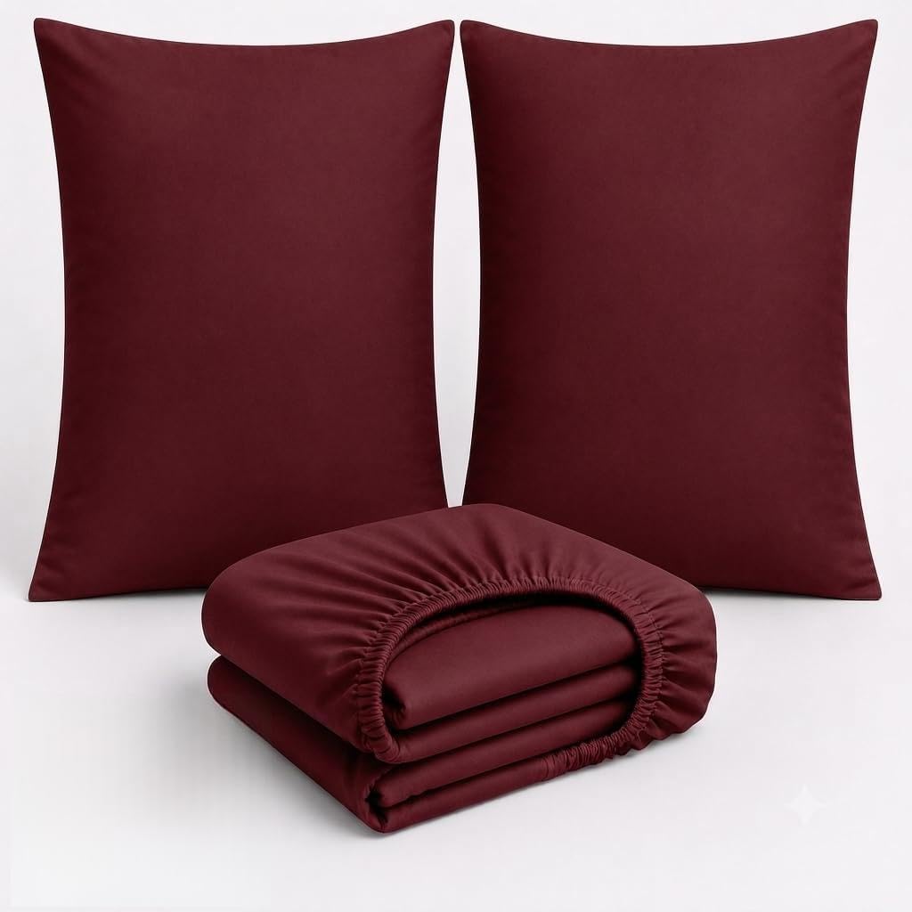 3 Piece Cotton Bedding Set UK – 200 Thread Count Deep Fitted Sheet 25cm with 2 Pillowcases, Soft Breathable Hotel Quality Bed Linen, Elasticated, Maroon, King