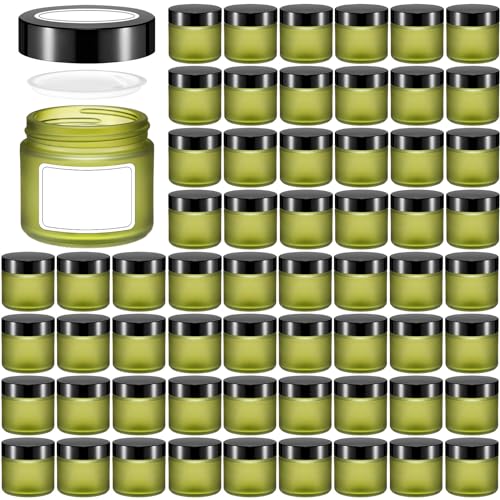 Layhit 60 Pcs 2 oz Glass Jars with Lids Bulk, Empty Round Cosmetic Jars Travel Storage Jar with Inner Liners White Labels for Candle Scrubs, Lotions, Cosmetic, Spice, Powder (Green,Black Lid)