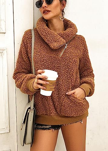 KIRUNDO Sherpa Pullover Womens Fleece Zip Sweatshirt Fall(Khaki, M) - image 3