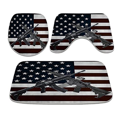 Patriotische USA Amerikanische Flagge und Pistole Badezimmerteppiche und Matten Sets 3-teilig, Memory-Schaum-Badematte…