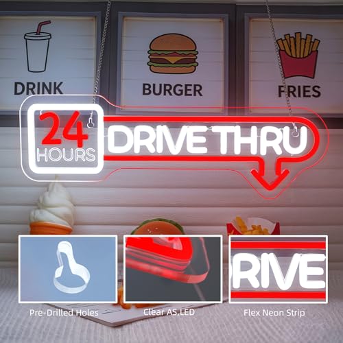Image of Open 24 Hours Neon Sign Drive Thru Wall Night Light for Restaurant Decor | 16.5*5.5IN,Five level brightness adjustment,USB powered,For for Business Fast Food Club Coffee Shop Restaurant Stores Hotel