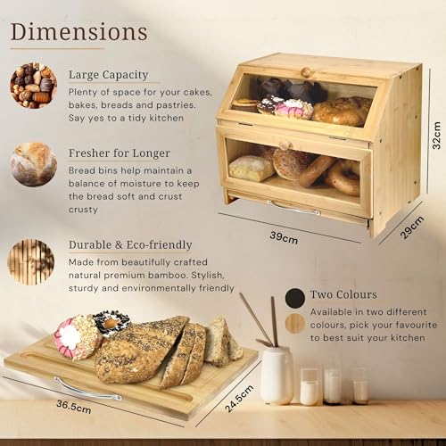 Olive Falls Large Two Layer Wooden Bread Bin & QUALITY CUTTING BOARD - Natural Bamboo. Clear Acrylic Windows and Ventilation Holes keep your Bread Storage Fresh For Longer. Easy Home Self Assembly. - Cosy Home Interiors Olive Falls Large Two Layer Wooden Bread Bin & QUALITY CUTTING BOARD - Natural Bamboo. Clear Acrylic Windows and Ventilation Holes keep your Bread Storage Fresh For Longer. Easy Home Self Assembly. - Image 5