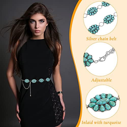 2 Pcs Turquoise Concho Chain Belt Adjustable Waist Belts for Women Western Metal Silver Belt for Dress Womens Turquoise Belt(Elegant Style)3