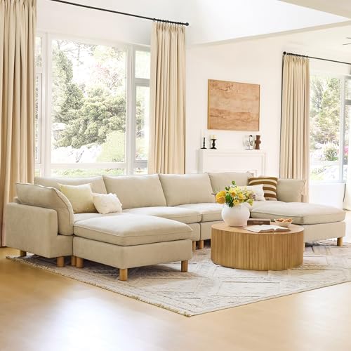 Image of CHITA 161 inch Super Large Sectional Couches for Living Room, Modular Cloud Couch Sectional Sofa, Premium Fabric Couches, Down Filled, High Density Foam, Chenille in Beige, 6 Seat U Shaped